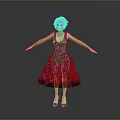 Purple Haired Character In Purple Floral Dress With Outstretched Arms On Gray Background