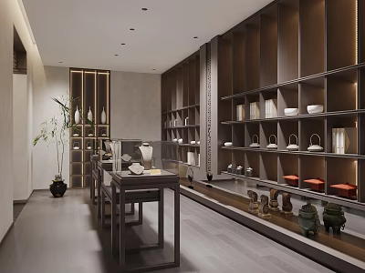 Elegant Showroom Interior With Wooden Shelves And Decorative Display Items 3d model