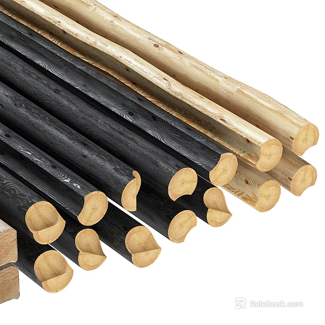 Stacked Stone Wood Poles With Black And Light Natural Tones 3d model 