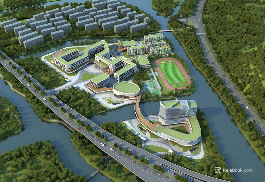 Modern School Buildings Aerial View With Greenery River And Sports Field 3d model 