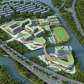 Modern School Buildings Aerial View With Greenery River And Sports Field