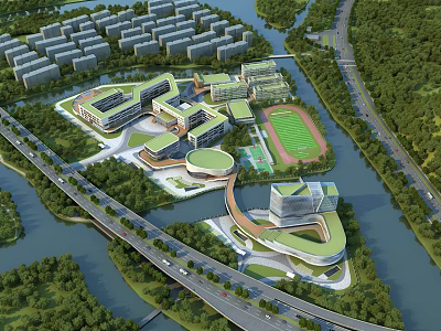 Modern School Buildings Aerial View With Greenery River And Sports Field 3d model