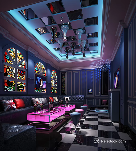 KTV Interior Featuring Stained Glass Windows Purple Blue Lighting Black Sofas Pink Tables Checkerboard Floor 3d model 