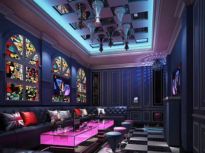 KTV Interior Featuring Stained Glass Windows Purple Blue Lighting Black Sofas Pink Tables Checkerboard Floor 3d model