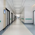 Modern Elevator Hallway With Multiple Doors White Wooden Walls Green Handrails And Ceiling Lights