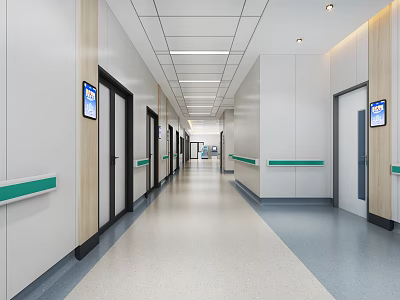 Modern Elevator Hallway With Multiple Doors White Wooden Walls Green Handrails And Ceiling Lights 3d model