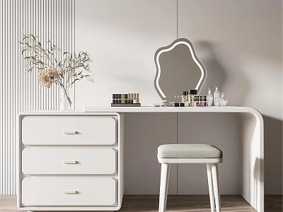 Modern Minimalist White Dressing Table With Scalloped Mirror Stool Drawers And Cosmetics On Light Wall 3d model