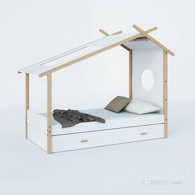 House Shaped Kids Bed With Wooden Frame Underbed Drawers Pillows And Blanket 3d model 