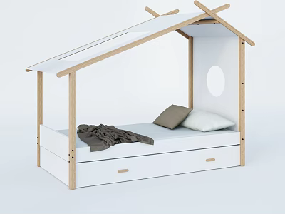 House Shaped Kids Bed With Wooden Frame Underbed Drawers Pillows And Blanket 3d model