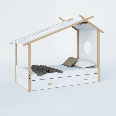 House Shaped Kids Bed With Wooden Frame Underbed Drawers Pillows And Blanket 3d model