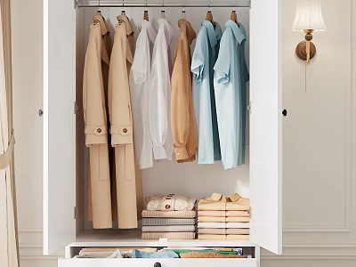 Clothes in White Wardrobe with Hanging Beige White Light Blue Coats Shirts and Folded Garments 3d model