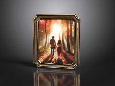 Golden Framed Artwork Of Two People Walking On Forest Path With Sunlight 3d model