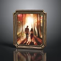 Golden Framed Artwork Of Two People Walking On Forest Path With Sunlight