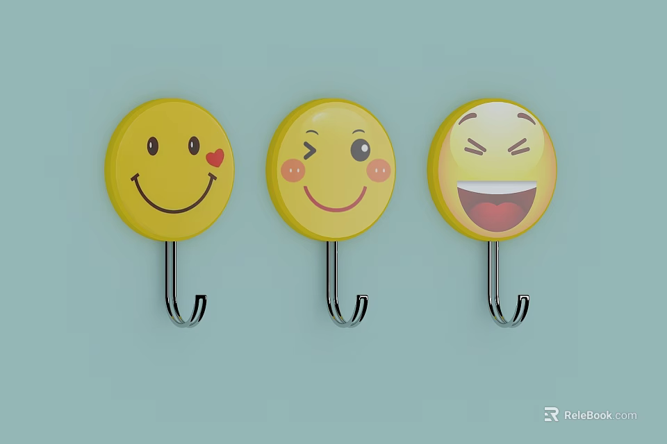 Yellow Round Smiley Face Wall Hooks With Various Expressions For Home Decor 3d model 