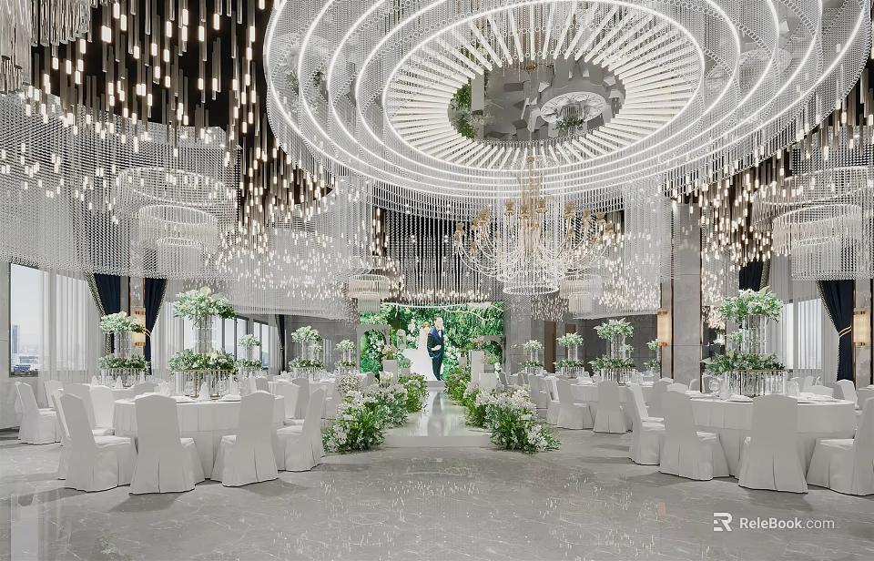 Elegant Banquet Hall With Chandeliers White Tables Green Floral Decorations And Central Flower Pathway 3d model 