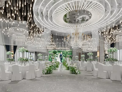 Elegant Banquet Hall With Chandeliers White Tables Green Floral Decorations And Central Flower Pathway 3d model