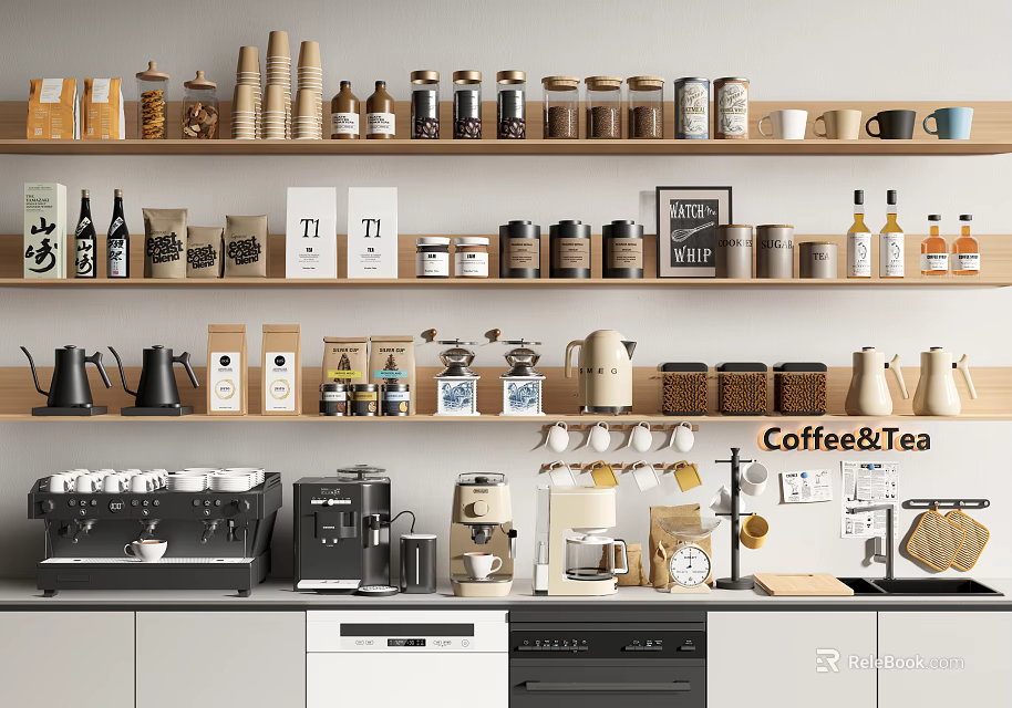 Professional Coffee And Tea Commercial Equipment With Espresso Machines Tea Pots Cups And Storage Containers 3d model 