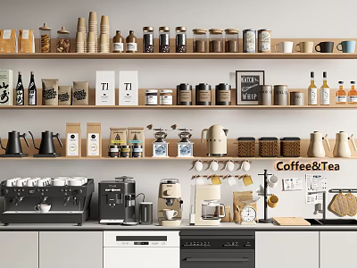 Professional Coffee And Tea Commercial Equipment With Espresso Machines Tea Pots Cups And Storage Containers 3d model