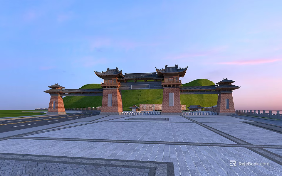 Traditional Chinese Paifang Archway With Spacious Square And Green Hillside At Sunset 3d model 