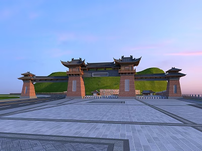 Traditional Chinese Paifang Archway With Spacious Square And Green Hillside At Sunset 3d model