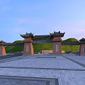 Traditional Chinese Paifang Archway With Spacious Square And Green Hillside At Sunset
