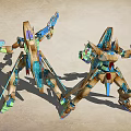 Two Vibrant Robot Action Figures With Futuristic Weapons And Detailed Armor