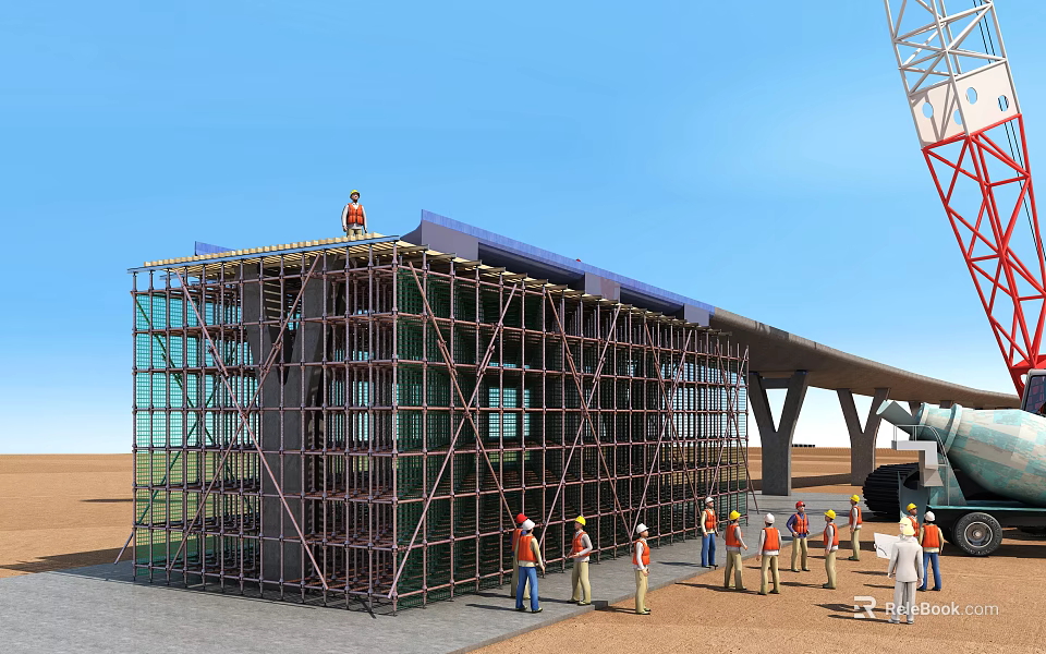Busy Construction Site with Scaffolding Glass Facade Workers Wearing Safety Helmets and Crane 3d model 