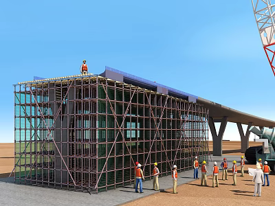 Busy Construction Site with Scaffolding Glass Facade Workers Wearing Safety Helmets and Crane 3d model