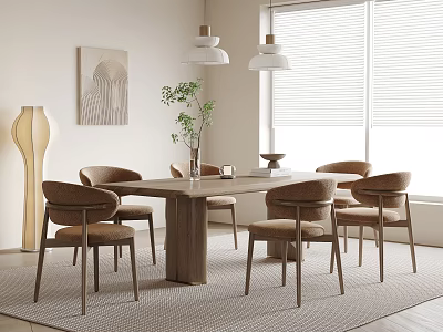 Modern Wooden Dining Table Set with Six Brown Chairs and Green Plant in Bright Room 3d model