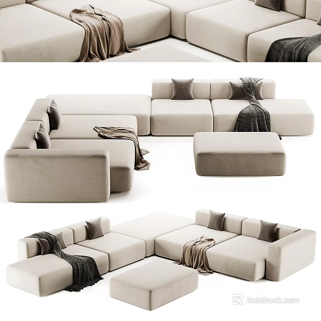 Modern Beige Sectional Sofa With Modular Design Soft Cushions And Cozy Throws 3d model 