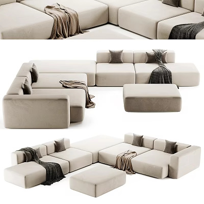 Modern Beige Sectional Sofa With Modular Design Soft Cushions And Cozy Throws 3d model