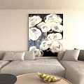 Abstract Painting with White and Black Floral Patterns on Wall in Living Room with Light Gray Sofa