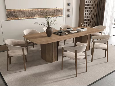 Modern Wooden Dining Table Set With Six Chairs And Decorative Plant Vase 3d model