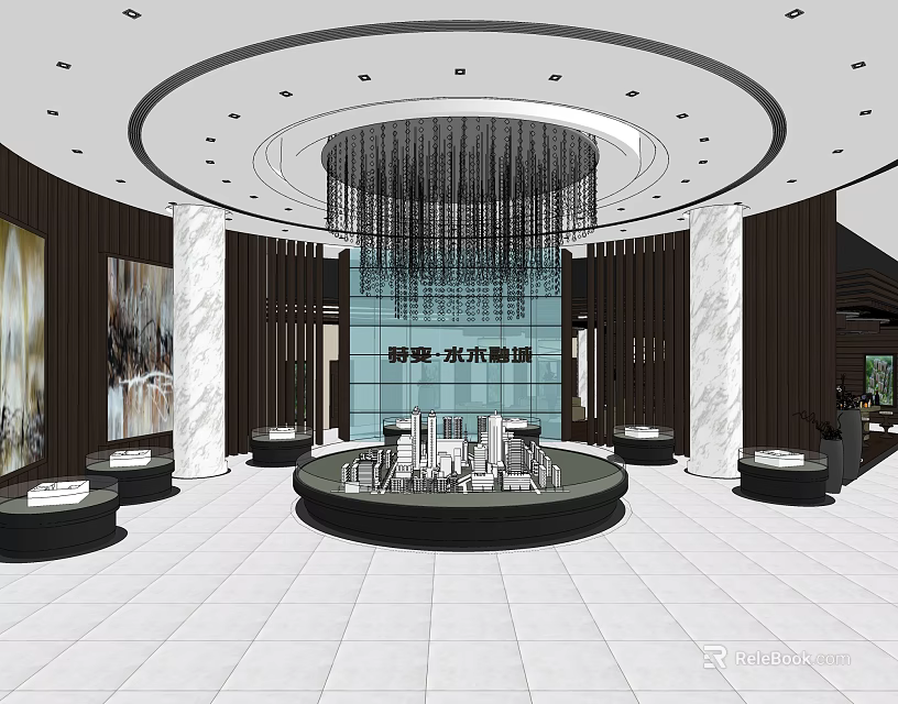 Modern Sales Office Interior With Circular Display Platform And Marble Pillars 3d model