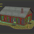 Wooden House with Gray Roof and Chimney Large Windows Surrounded by Yellow Fallen Leaves
