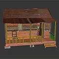 Wooden Cabin With Red Roof And Orange Wooden Porch Railing And Steps