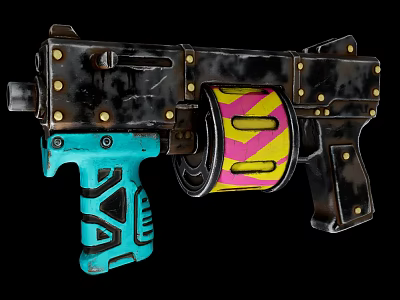 Unique Black Weapon With Blue Grip Geometric Pattern Gold Rivets And Yellow Pink Scroll 3d model