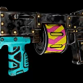 Unique Black Weapon With Blue Grip Geometric Pattern Gold Rivets And Yellow Pink Scroll