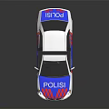White Police Car With Blue Red Stripes And Roof Lights POLIS Logo