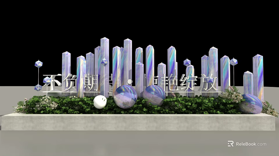 Modern Decorative Installation Featuring Tall Gradient Pillars Spherical Ornaments And Green Plants Base 3d model 