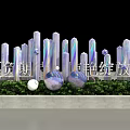 Modern Decorative Installation Featuring Tall Gradient Pillars Spherical Ornaments And Green Plants Base