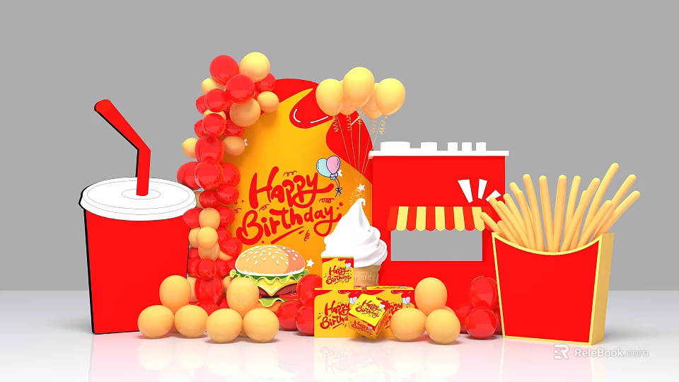 Birthday Photo Check in Spot With Red Yellow Balloons Hamburger Ice Cream And Fries 3d model 