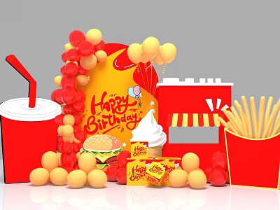 Birthday Photo Check in Spot With Red Yellow Balloons Hamburger Ice Cream And Fries 3d model