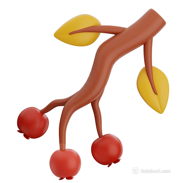 Three Fresh Red Fruits Hanging On Brown Branch With Two Yellow Leaves 3d model 