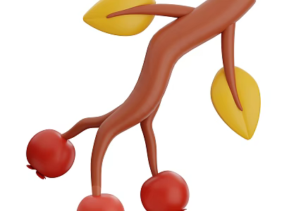 Three Fresh Red Fruits Hanging On Brown Branch With Two Yellow Leaves 3d model
