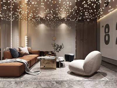 Modern Luxury Home Theater Room With Brown Sofa Accent Chair And Ceiling Lights 3d model