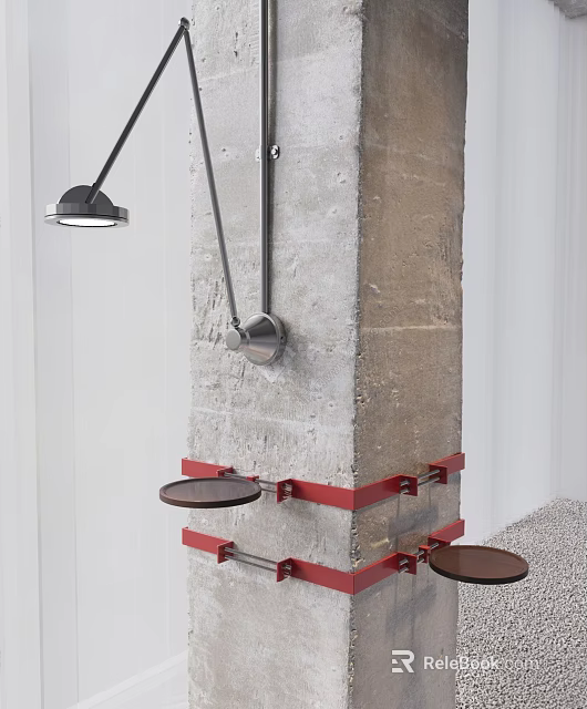 Concrete Column With Black Metal Fixtures Red Brackets And Circular Trays 3d model 