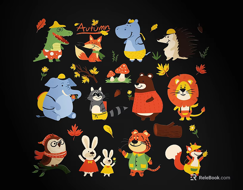 Vibrant Cartoon Animal Wall Decor with Autumn Theme Leaves Mushrooms and Playful Design 3d model 