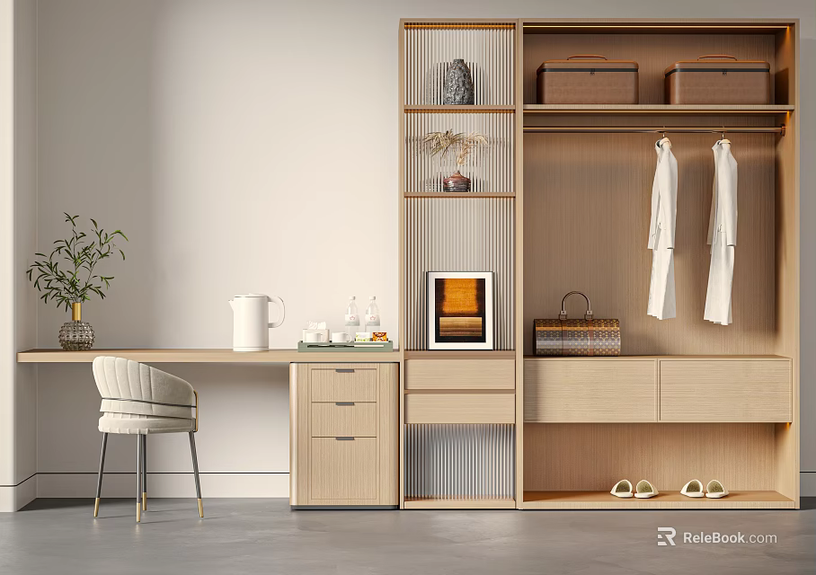 Light Wood Modern Wardrobe Design With Hanging Coats Open Shelves Decorative Frames Bags And Shoes 3d model 