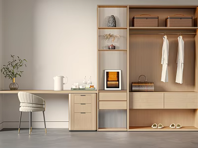 Light Wood Modern Wardrobe Design With Hanging Coats Open Shelves Decorative Frames Bags And Shoes 3d model